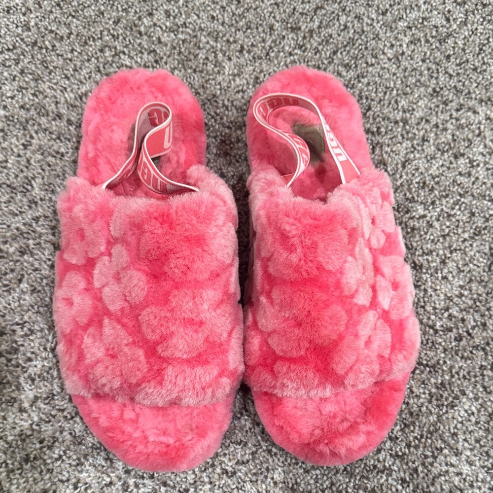 Flower UGG Plush Pink Fuzzy Slide Slippers